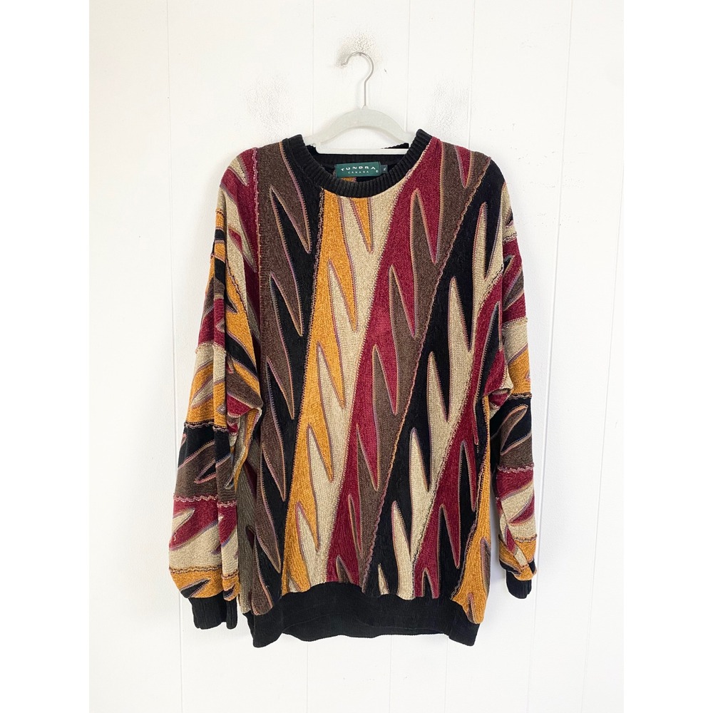 Tundra Canada Vintage 3D Knit Abstract Sweater Mens XL Red Gold Multi Coogi Vibe